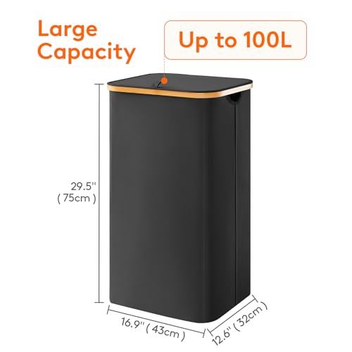 Lifewit 100L Laundry Basket with Lid, Clothes Hampers for Laundry with Bamboo Handles and 1 Removable Bag, Large Foldable Laundry Hamper for Bedroom, Bathroom, Dorm, Laundry Room, Black - color: Black, size: 100L