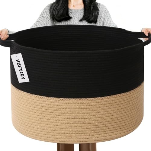 65L Large Blanket Basket,Woven Rope Laundry Basket Hamper with Handles,Decorative Nursery Basket Storage Bin for Toys, Pillows , Clothes Organizer, Living Room, Bedroom, Bathroom, Black&Camel - color: Black&Camel, size: 19.7"L x 19.7"W x 13"H(65L)