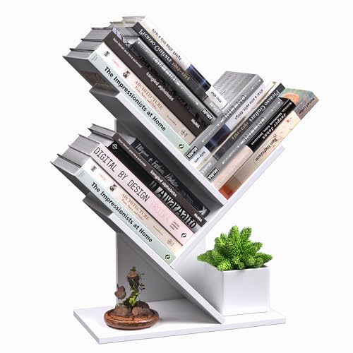 R RUISHENG 3 Tier Small Tree Bookshelf Storage Organizer Shelves Floor Standing Bookcase Desk Wood Storage Rack for Home Office Living Room Bedroom Display for Book Magazine CD manga Warm White - color: Warm White