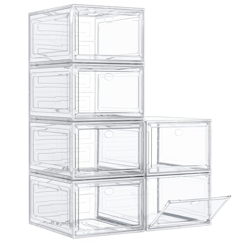 Thickened Clear Shoe Storage Organizer with Magnetic Door, Sturdy Stackable Shoe Boxes for Closet, Collapsible Space-Saving Shoe Rack for Sneakers & Boots, Plastic Shoe Cabinet Box Set, 6 Pack, White - color: White, size: 6 pcs