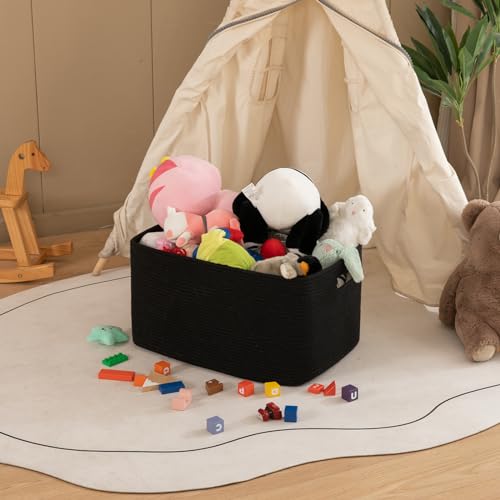 OIAHOMY 75L Large Blanket Basket, Storage Baskets with Handle, Rectangle Woven Cotton Rope Basket, Toy Organizer Bins, 22" x 17"x 12" in,Charcoal Black - color: Charcoal Black, size: 22”x17”x12”
