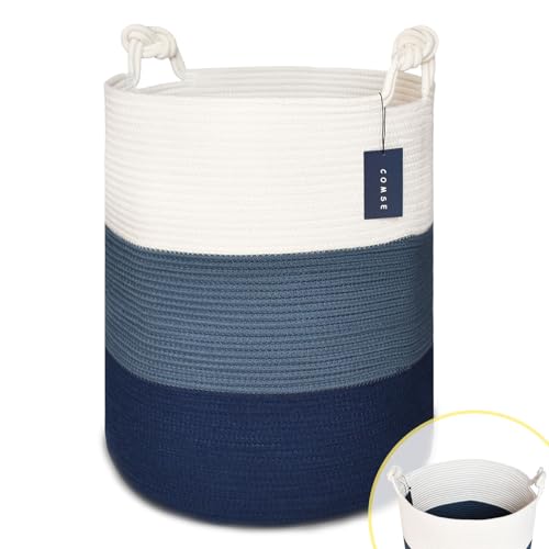 COMSE Extra Large Blanket Basket, Tall Woven Storage Basket, Nursery Hamper, 15.7”x 21.7”, Cotton Rope Laundry Hamper for Toys Clothes Towels, White/Cadet Blue/Navy Blue - color: White & Cadet Blue & Navy Blue
