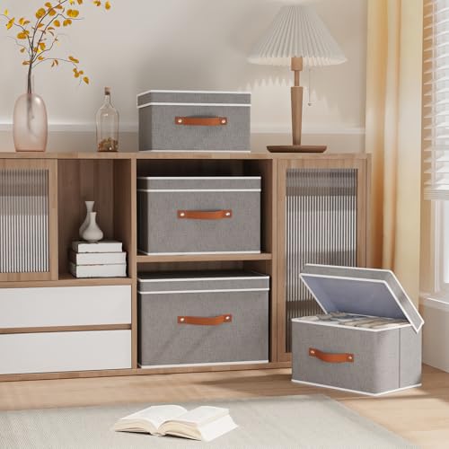 Collapsible Boxes, Linen Foldable Storage Bins with Lids, 15 x 9.8 x 9.8 Inch Storage Baskets with Double Handles, Grey, 5-Pack - color: Grey, size: 15x9.8x9.8in(5-Pack)