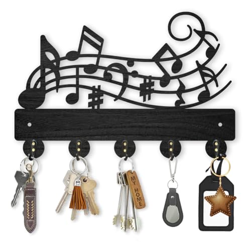 MAYJOYDIY Music Notes Coat Hook Wall Mount 11.8×7.9inch Wood Musical Key Holder for Wall Key Hanger Wall Art Decor 5 Alloy Hooks Black Hook Rack Hat Towel Holder for Entryway Living Room Gift - color: Music Notes