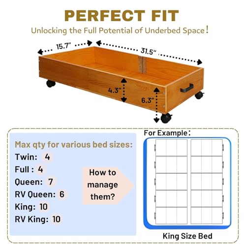 2-Pack Solid Wood Under Bed Storage with Wheels, Underbed Drawers Underneath with Handle - Wooden Crate Clothes Storage Containers Organizer (Light Brown) - Fits Any Size Bed