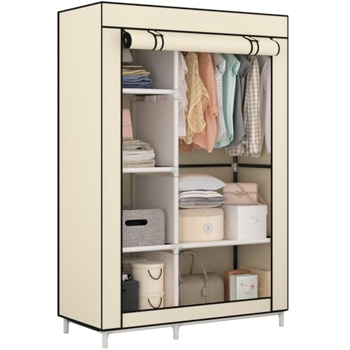 Calmootey Portable Closet Organizers, Clothing Storage, Wardrobe with 6 Shelves and Hanging Rod, Non-Woven Fabric Cover with 4 Side Pockets, Beige - color: Beige