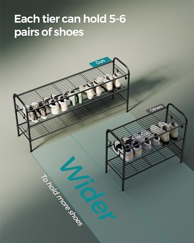 SONGMICS Shoe Rack, 3-Tier Shoe Organizer, Metal Shoe Shelf Storage with 4 Side Hooks, Holds 24 Pairs of Shoes, Height-Adjustable Shoe Rack for Entryway, Hallway, Closet, Ink Black ULMR131B01 - color: Ink Black, size: 3 Tiers (44.9"W)