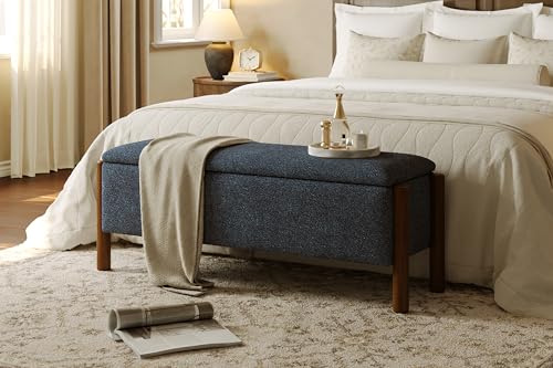 Modern Storage Benches with Walnut Wood Legs, 47'' Ottoman Bench with 20 Gallons Storage Space for Bedroom End of Bed, Fabric Upholstered Entryway Bench with Seating for Livingroom, Blue - color: Blue