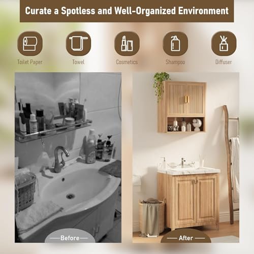 INNOD Bathroom Wall Storage Cabinet, Medicine Cabinet with Adjustable Wood Shelf & Doors, Over the Toilet Storage Cabinet for Laundry Room & Living Room Kitchen Storage Islands (Natural Oak) - color: Natural Oak