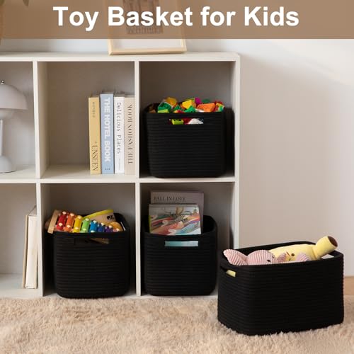 OIASKET Storage Baskets for Organizing, Woven Decorative Baskets for Shelves - Books, Towels, and Clothes, Cotton Rope Toy Storage Bins, 12.7''Lx9''Wx7.8''H, Pack of 4, Black - color: Black