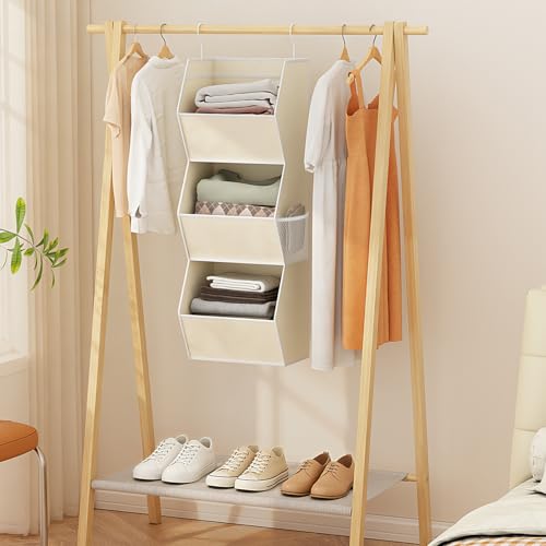 Hanging Closet Organizer 3 Shelf Collapsible Fabric Closet Organizers and Storage Hanging with Mesh Pocket for Clothes, Hanging Wardrobe Organizers and Storage for Sweater T-Shirt Shoes Toys, Beige - color: Beige-1 Pack, size: 3-shelf