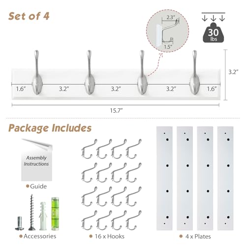 Forbena White Coat Rack Wall Mount 4-Pack, Coat Hanger Wall Mounted for Hanging Clothes Purse, Modern Key Holder Hooks for Closet Hat, Belt, Bag, Backpack, Leash (White and Silver - 16 Hooks) - color: White & Silver