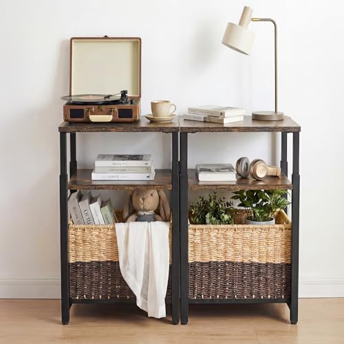 Side Table with Storage Basket, Small End Table with Modern Design and Adjustable Height for Living Room, Bedroom Nightstand Bedside Table for Small Spaces (Rustic Brown + Classic Black) - color: Rustic Brown + Classic Black