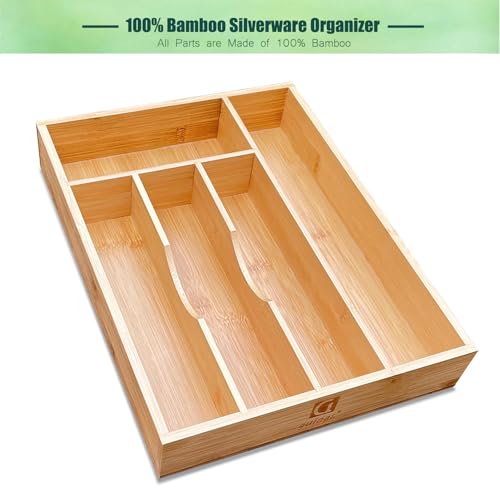 guiogc Bamboo Silverware Drawer Organizer, Silverware Organizer, Silverware Utensil Tray Holder and Cutlery Tray for Flatware and Kitchen Utensils - size: 9.85"Wx13.65"D (5-Slots)