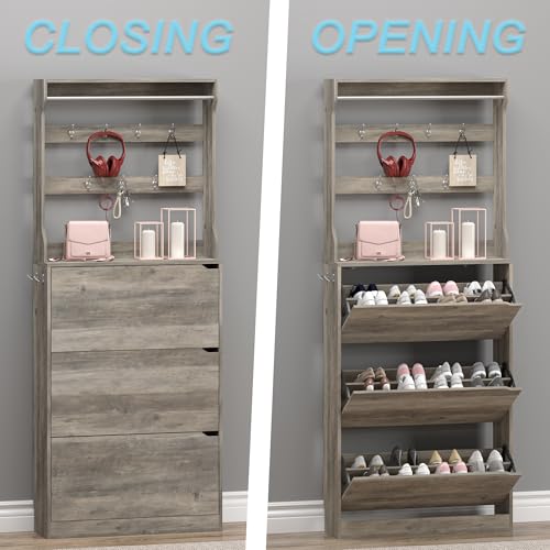 BORNOON Shoe Cabinet with 3 Flip Drawers & Coat Rack, Narrow Hidden Shoe Storage Cabinet, 2-in-1 Hall Tree Slim Freestanding Shoe Rack Organizer for Entryway, Hallway, and Living Room - color: Grey, size: 3-Drawer with Rack