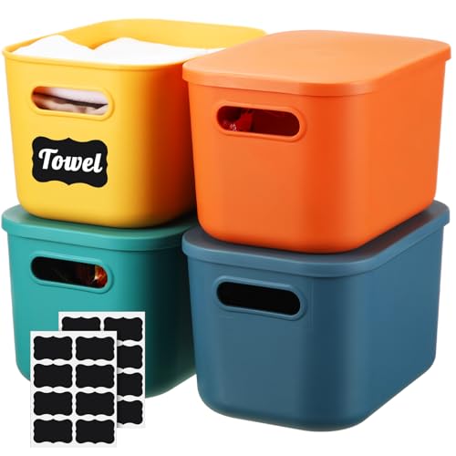 Tanlade 8 Pcs Plastic Storage Bins Stackable Baskets with Lid and Handle Colorful Desktop Storage Box Cubby Containers for Shelf Bedroom Office, Include 1 Erasable Marker, 16 Stickers (10 x 7 x 6 In) - size: 10 x 7 x 6 in