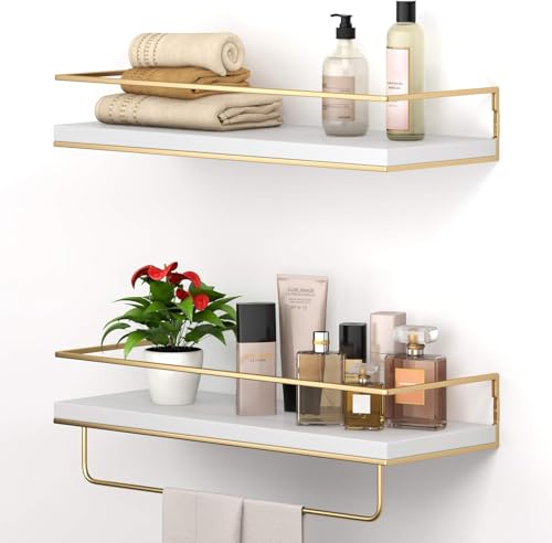 Shario White Floating Shelves - Set of 2, Wall Mounted Hanging Shelves with Golden Towel Rack, Decorative Storage Shelves for Bathroom, Kitchen, Living Room & Bedroom (White Gold, 15.7 Inches) | Hanging Shelves - color: White Gold