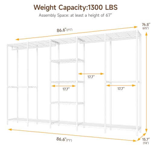 ONBRILL F5 Extra Large Industrial Pipe Clothing Rack, Freestanding Portable Closet Organizer System with Shelves & Hanging Rods, 88.6'' Wide Heavt Duty Clothes Rack, Max Load 1300lbs, White - color: White