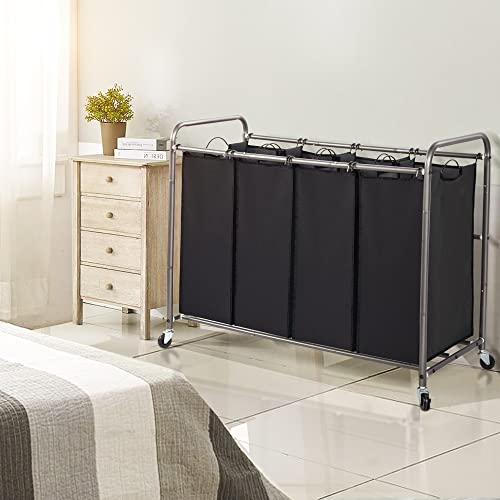 STO STO Laundry Sorter 4 Section, 4 Bag Clothes Hamper, Rolling Laundry Cart Basket with Heavy Duty Lockable Wheels and Removable Bag for Laundry Room, Bedroom, Closet, Black - color: Black, size: 4-Section