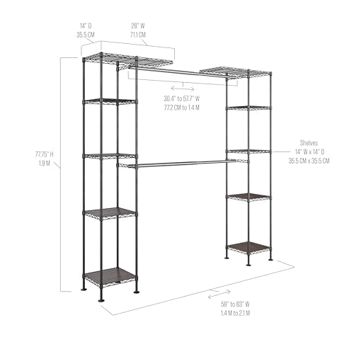Seville Classics Closet Garment Organizer with Metal Hanging Rod Wardrobe Storage System, w/ Steel Shelves for Clothes, Shirts, Jackets, Coats, Blankets, Shoes, Satin Bronze, Expandable Rack - color: Satin Bronze