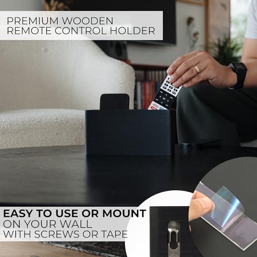 KIBAGA Premium Wooden Remote Control Holder - Easy Install Adhesive Wall Mount Caddy Keeps 3-4 TV Remotes Neatly Organized - Stylish Natural Wood Organizer is Perfect for Any Bed Or Living Room Wall - color: Black
