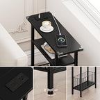Vagusicc Narrow Side Table with Charging Station, 3-Tier Skinny Side End Table for Couch, Small End Tables for Small Spaces, 25.2" Tall Slim Nightstand Bedside Table for Living Room, Bedroom, Black - color: Black, style: With Plug