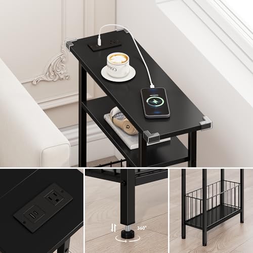 Vagusicc Narrow Side Table with Charging Station, 3-Tier Skinny Side End Table for Couch, Small End Tables for Small Spaces, 25.2" Tall Slim Nightstand Bedside Table for Living Room, Bedroom, Black - color: Black, style: With Plug