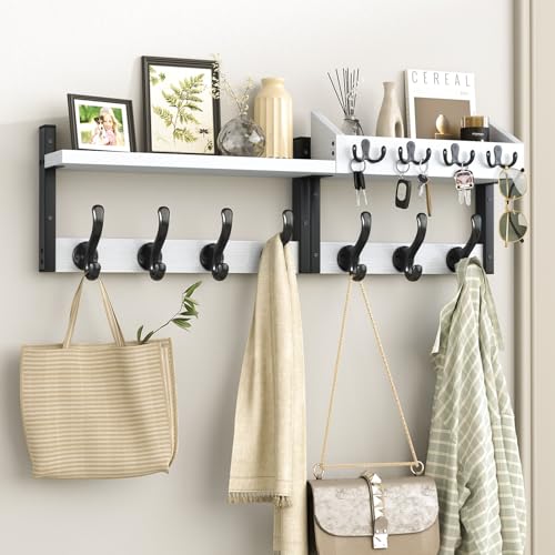 Evermagin 29" Coat Rack Wall Mount with Shelf, 4 in 1 Coat and Key Hanger with 11 Metal Hooks, Entryway Wall Mounted Shelf with Mail Holder for Living Room, Bedroom, White - color: White, size: 29 inch