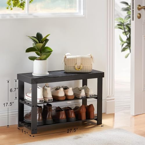 Pipishell Bamboo Shoe Rack Bench, 3 Tier Sturdy Shoe Organizer, Storage Shoe Shelf, Holds up to 300lbs for Entryway Bedroom Living Room Balcony, Black - color: Black