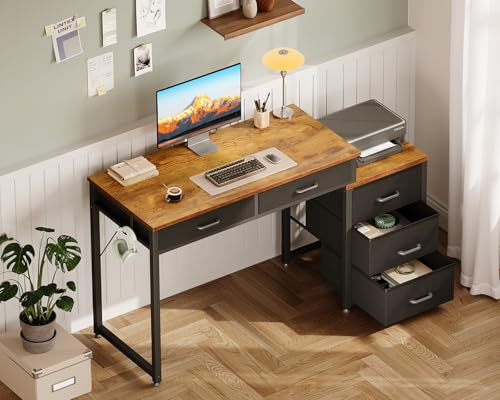 ODK Computer Desk with 5 Drawers, 53 Inch Office Desk with Printer Shelf, Reversible Work Desk for Home Office, Writing Table Desk with Headphone Hook for Storage, Rustic Brown - color: Rustic Brown