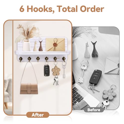 Key Holder for Wall, Mail Organizer Wall Mount with 6 Hooks Wooden Hanging Key Rack for Home Decor, Hallway, Entryway (Vintage White) - color: Vintage White