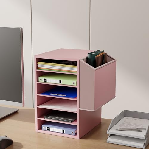 Unionly 6 Tier Adjustable Countertop Mail Sorter, Mailboxes With Name Slots, Literature Organization Paper Storage Slot, Office Desk File Organizer, Wooden Desktop Mailbox for Classroom(Pink, 6 Slots) - color: Pink, size: 6 Slots