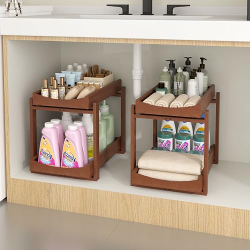 MHXW SXPN Bamboo Under Sink Organizer and Storage, Pull Out Cabinet Organization, 2 Tier Vertical Slide Out Undersink Storage Shelf, Organizer Shelves for Kitchen Bathroom Medicine (Brown, 2 Pack) - color: Brown, size: 2 Pack