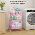 YASONIC 3-Tier Metal Rolling Cart, Heavy Duty Utility Cart with Lockable Wheels, Hanging Cups, Hooks, Mesh Rolling Storage Cart Craft Organizer, Lightweight and Sturdy, Pink - color: Pink