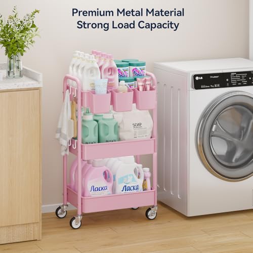 YASONIC 3-Tier Metal Rolling Cart, Heavy Duty Utility Cart with Lockable Wheels, Hanging Cups, Hooks, Mesh Rolling Storage Cart Craft Organizer, Lightweight and Sturdy, Pink - color: Pink