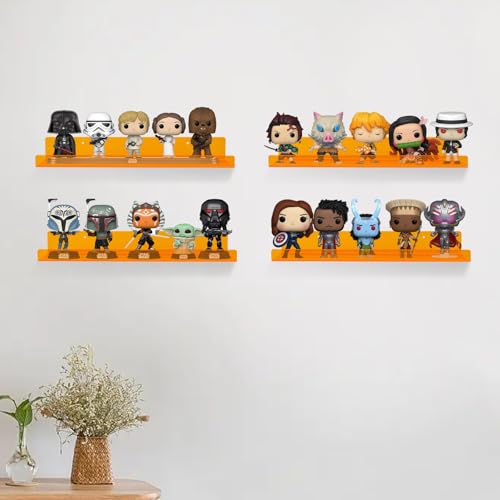 Dezzer 4 Pack Acrylic Shelves for Wall, 15" Acrylic Floating Shelves for Bathroom Bedroom, Invisible Bookshelf Wall Ledge Storage Shelf Books Perfume Toys Action Figure Display Shelves, Clear Orange - style: 15 inch 4-pack Orange