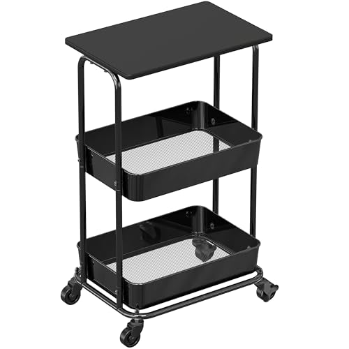 Simple Houseware 2-Tier Rolling Utility Cart with Lockable Wheels and Wood Top, Metal Storage Organizer Trolley for Kitchen, Bathroom, Office, Craft Room, Black - color: Black