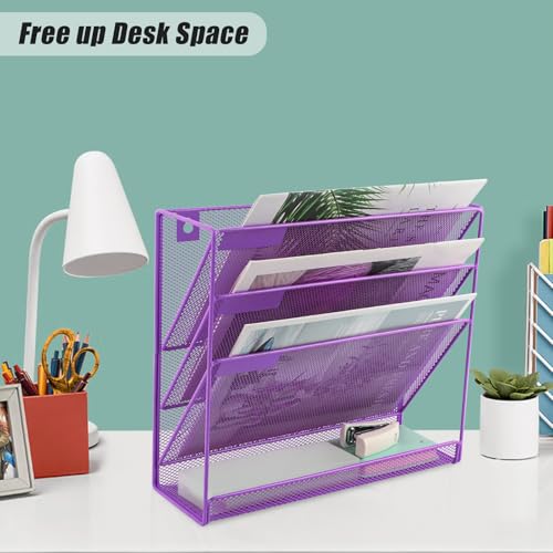 EASEPRES Desk File Organizer Mesh 4-Tier, Hanging Wall Mount Document Organization Stand, Desktop Vertical Mail Paper Folder Holder Rack with Bottom Tray for Office Home Cubicle Countertop, Purple - color: Purple, size: 4 Tier