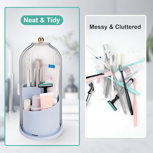 QIYVLOS Toothbrush Holders with Sliding Lid, Rotating 3 Slots Bathroom Organizer Countertop, Tooth Brush Toothpaste Holder Bathroom Counter Stand Sink Organizer Caddy for Makeup Brushes Holder (Blue) - color: Blue+transparent