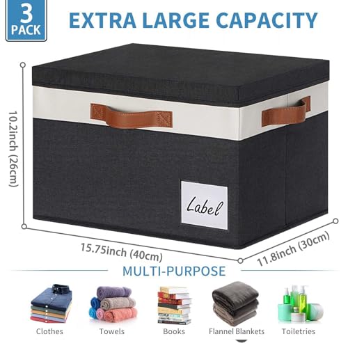 GhvyenntteS Extra Large Storage Bins with Lids, Foldable Fabric Storage Boxes with Lids and Handles, Storage Baskets with Lid and Label for Home Office (3 Pack, Black, 15.75" x 11.8" x 10.2") - color: Black with White, size: Extra Large-3 Pack