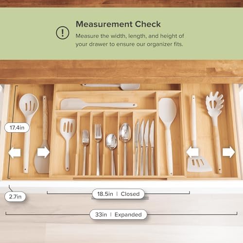KitchenEdge Premium Silverware, Flatware and Utensil Organizer for Kitchen Drawers, Food-Safe Contract Grade, Expandable from 18 to 33 In, Natural Bamboo - color: Natural Bamboo, size: From 18" to 33" wide