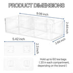 Tea Bag Organizer Holds up to 60 Tea Bags, Tea with 3 Compartments, Adhesive Wall Mount Tea Box Strong Tea bag Holder Hooks for Storage Cabinet and Kitchen Pantry Doors Transparent