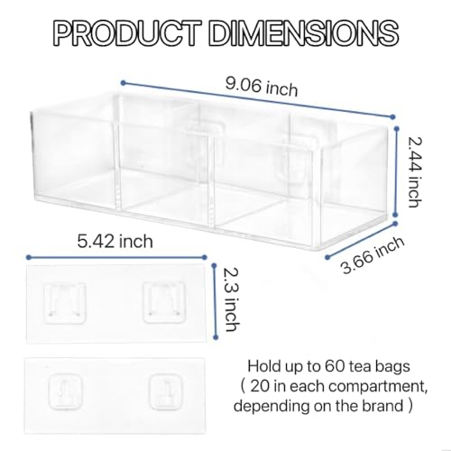 Tea Bag Organizer Holds up to 60 Tea Bags, Tea with 3 Compartments, Adhesive Wall Mount Tea Box Strong Tea bag Holder Hooks for Storage Cabinet and Kitchen Pantry Doors Transparent