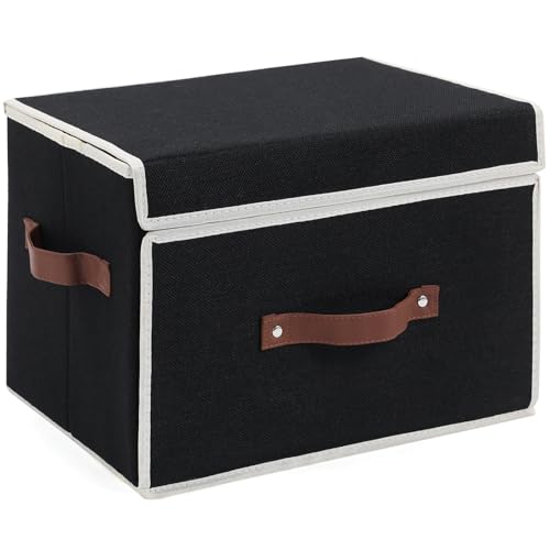 Storage Bins Box with Lids Front Opening Window Decorative Cotton Linen Fabric Basket PU Leather Handles Washable PP Plastic Board Foldable Shelf Closet Organizer Container (Black, Large) - color: Black, size: Large ( Pack of 1 )