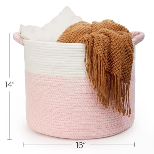 Blanket Basket - Woven Round Rope Storage Basket (16"Wx14"H) for Blankets & Throws, Small Laundry & Toy Organizer, Decorative Living Room & Bedroom Cotton Basket - White & Pink - color: White & Pink, size: Regular-16"Wx14"H