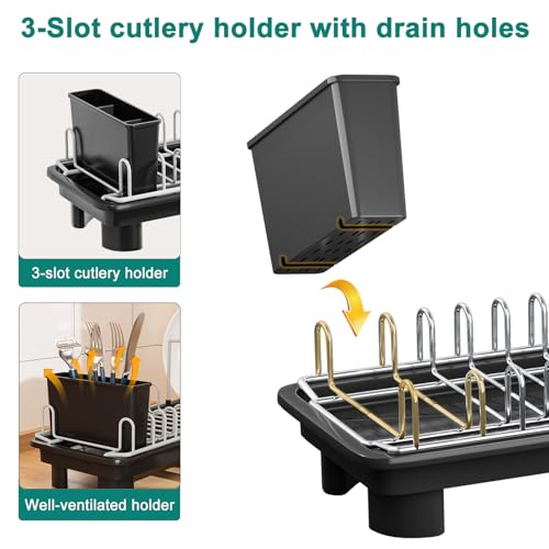 junyuan Compact Dish Drying Rack,Small Dish Rack for Kitchen Counter, Dish Drainer with 360° Rotatable Spout,Plate Rack, Dish Strainer with Cutlery Holder for Pots, Fork & Knives Space Saving - size: 1 Tier Countertop