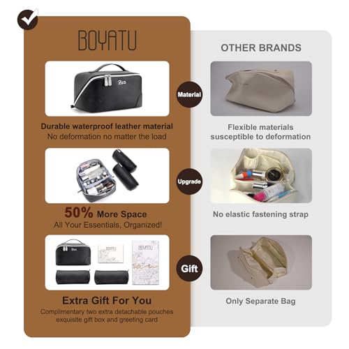 BOYATU Travel Makeup Bag Cosmetic Bags for Women: 3 Pcs Set Large Capacity Make up Bag with Handle - Waterproof Vegan Leather Toiletry Bags Travel Essentials with Compartments(C-2-Black) - color: C-2-Black