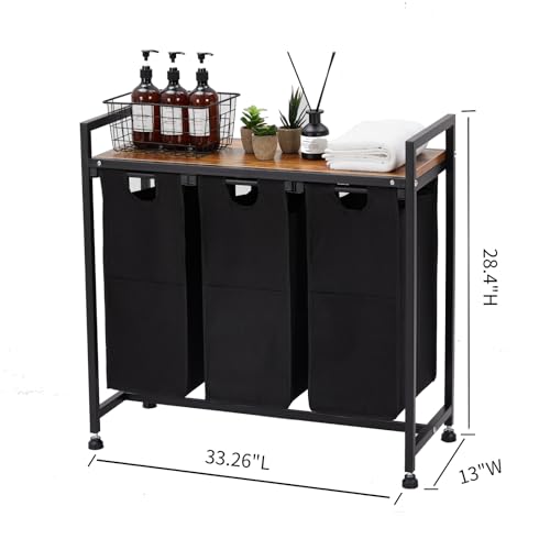 Laundry Hamper with Shelf, Laundry Basket 3 Section, Laundry Sorter, Cloest Storage and Organization, Clothes hamper with Table, for Bathroom, Bedroom, Restroom, Black - size: 33.2 x 13 x 28.4 Inches