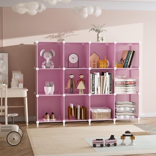 AWTATOS Cube Storage Organizer Protable Closet Organizers and Storage for Kids DIY Stackable 12 Cube Storage Shelves Clothes Organizer for Bedroom, Home, Pink - color: Pink