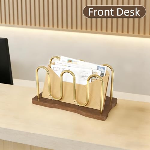 Metal Mail Organizer for Desk, Letter Holder Countertop with Wood Base Envelope Storge Paper Sorter for Bills Invoices (Walnut) - color: Walnut